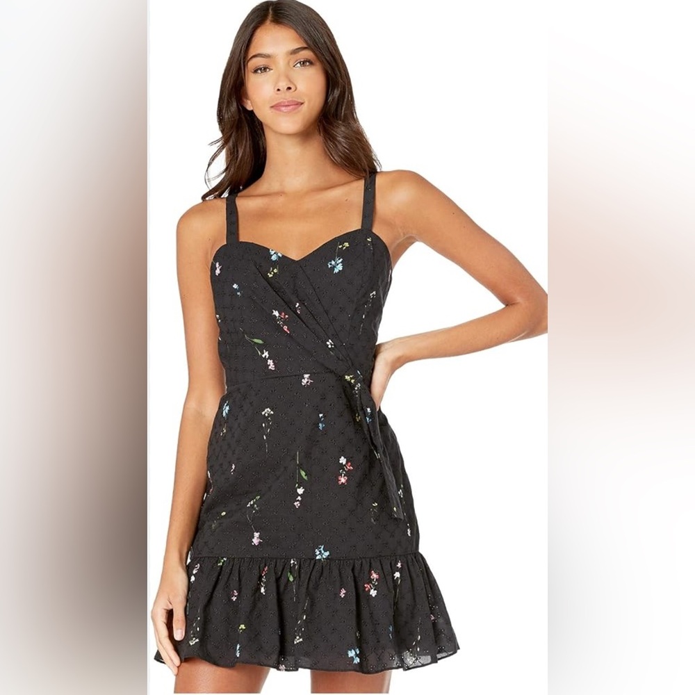 Parker Eyelet Floral Mini Black Dress Ruffle Hem Sleeveless Feminine NEW Size 6